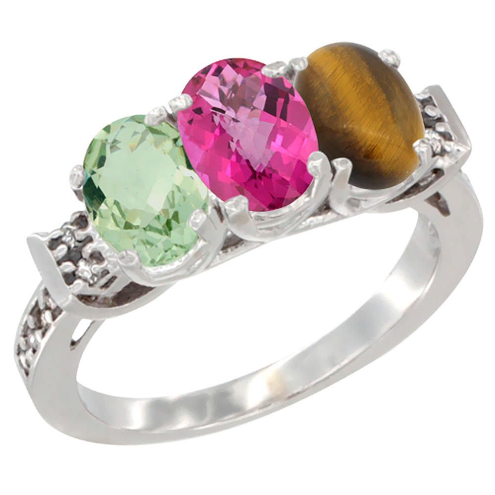 10K White Gold Natural Green Amethyst, Pink Topaz & Tiger Eye Ring 3-Stone Oval 7x5 mm Diamond Accent, sizes 5 - 10