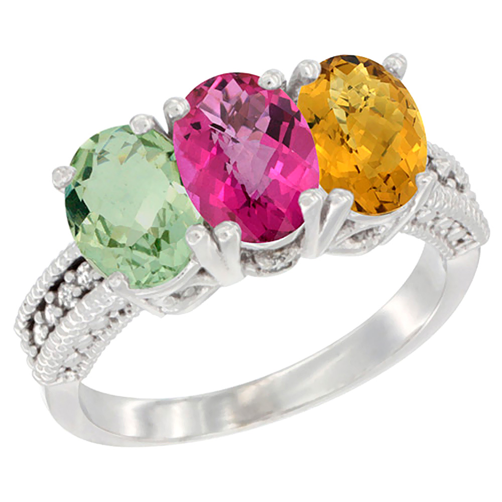 10K White Gold Natural Green Amethyst, Pink Topaz & Whisky Quartz Ring 3-Stone Oval 7x5 mm Diamond Accent, sizes 5 - 10