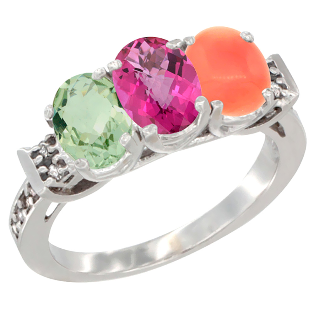 10K White Gold Natural Green Amethyst, Pink Topaz & Coral Ring 3-Stone Oval 7x5 mm Diamond Accent, sizes 5 - 10