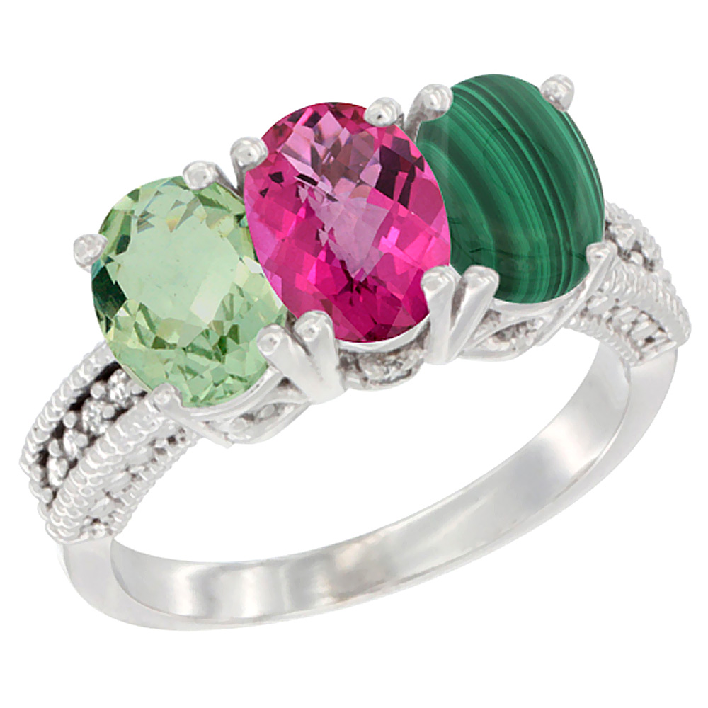 10K White Gold Natural Green Amethyst, Pink Topaz & Malachite Ring 3-Stone Oval 7x5 mm Diamond Accent, sizes 5 - 10