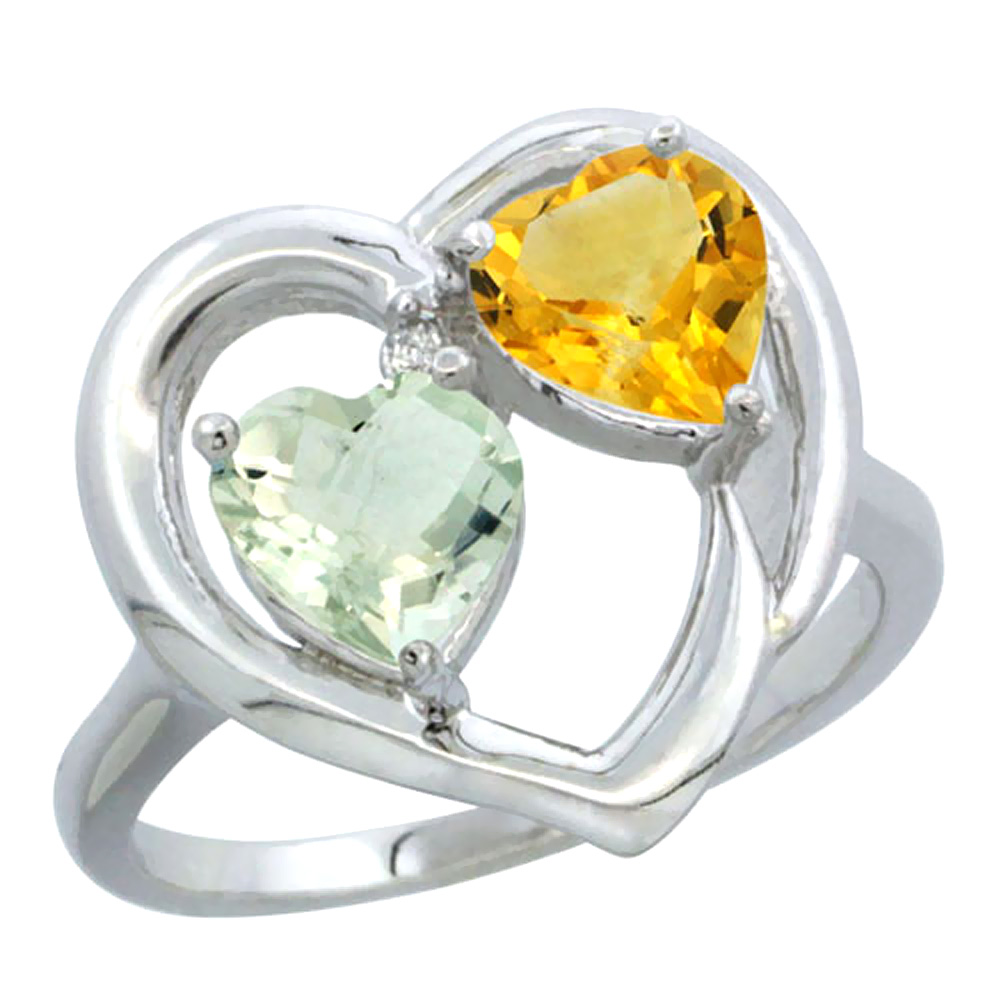 14K White Gold Diamond Two-stone Heart Ring 6mm Natural Green Amethyst &amp; Citrine, sizes 5-10