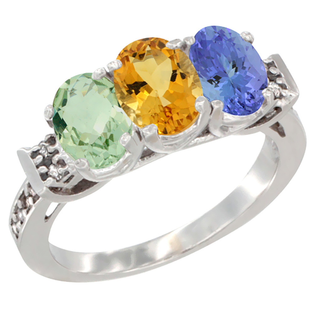 10K White Gold Natural Green Amethyst, Citrine &amp; Tanzanite Ring 3-Stone Oval 7x5 mm Diamond Accent, sizes 5 - 10