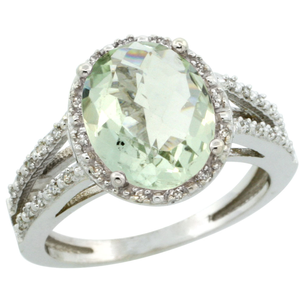 10K White Gold Diamond Genuine Green Amethyst Ring Oval 11x9mm sizes 5-10