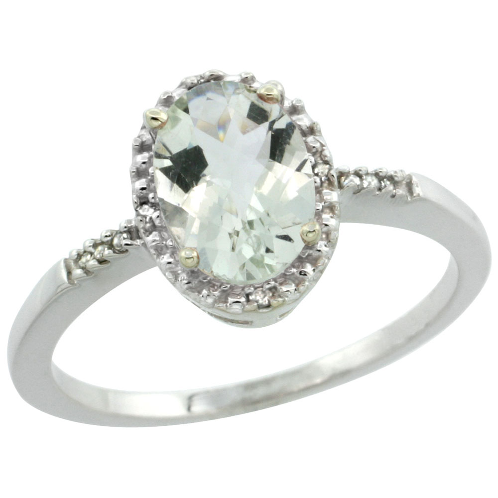 10K White Gold Diamond Genuine Green Amethyst Ring Oval 8x6mm sizes 5-10