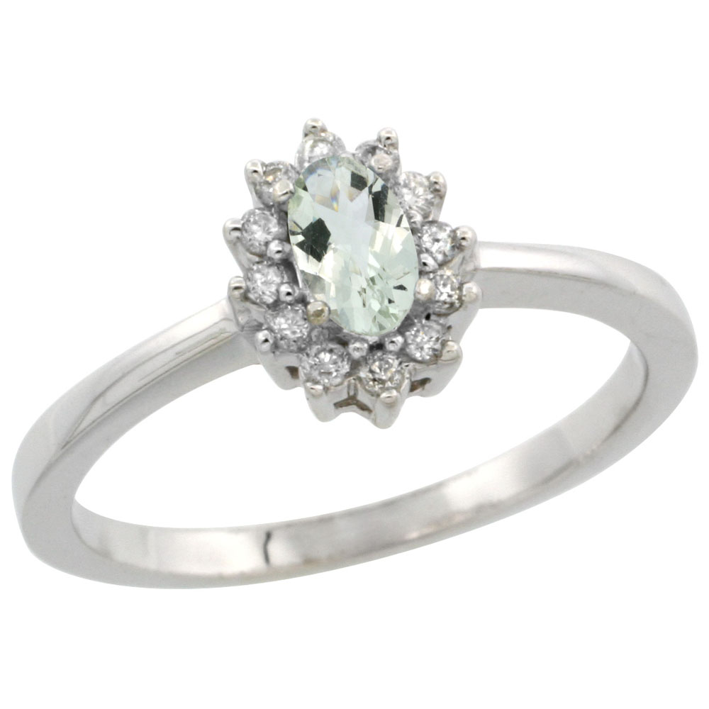 14K White Gold Natural Green Amethyst Ring Oval 5x3mm Diamond Halo, sizes 5-10