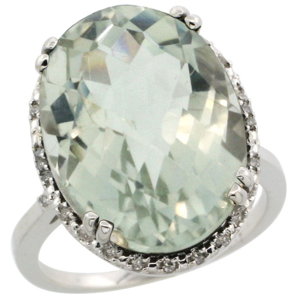 14K White Gold Natural Green Amethyst Ring Large Oval 18x13mm Diamond Halo, sizes 5-10