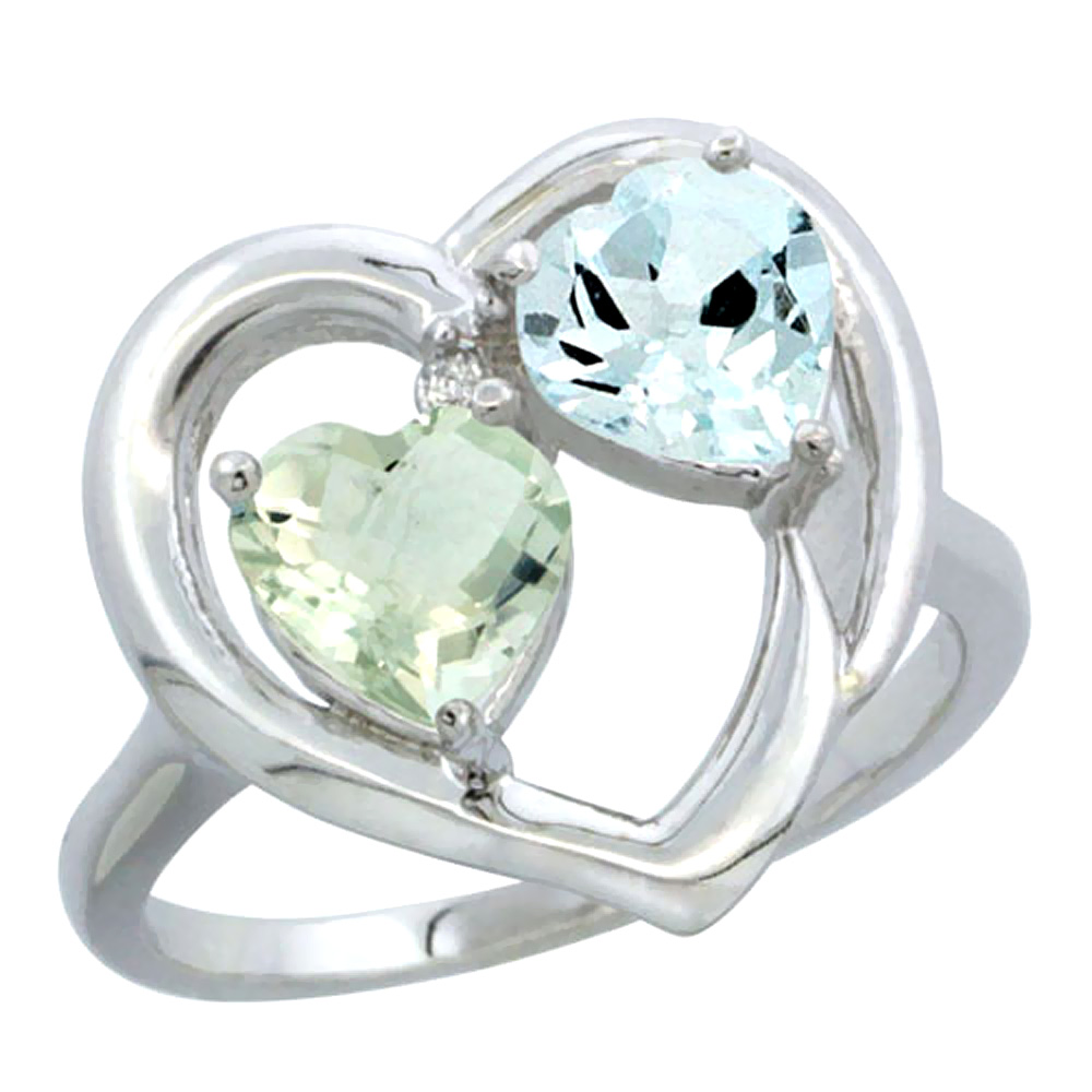 14K White Gold Diamond Two-stone Heart Ring 6mm Natural Green Amethyst &amp; Aquamarine, sizes 5-10
