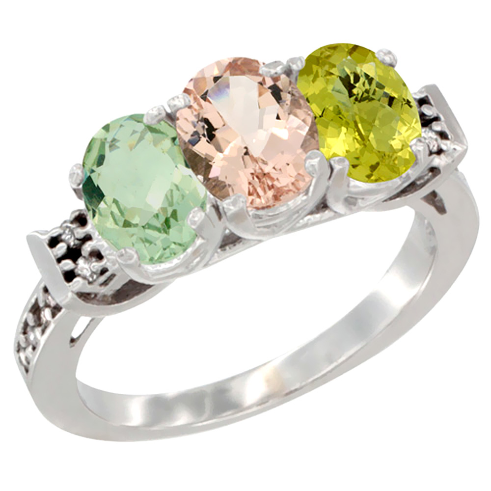 10K White Gold Natural Green Amethyst, Morganite & Lemon Quartz Ring 3-Stone Oval 7x5 mm Diamond Accent, sizes 5 - 10