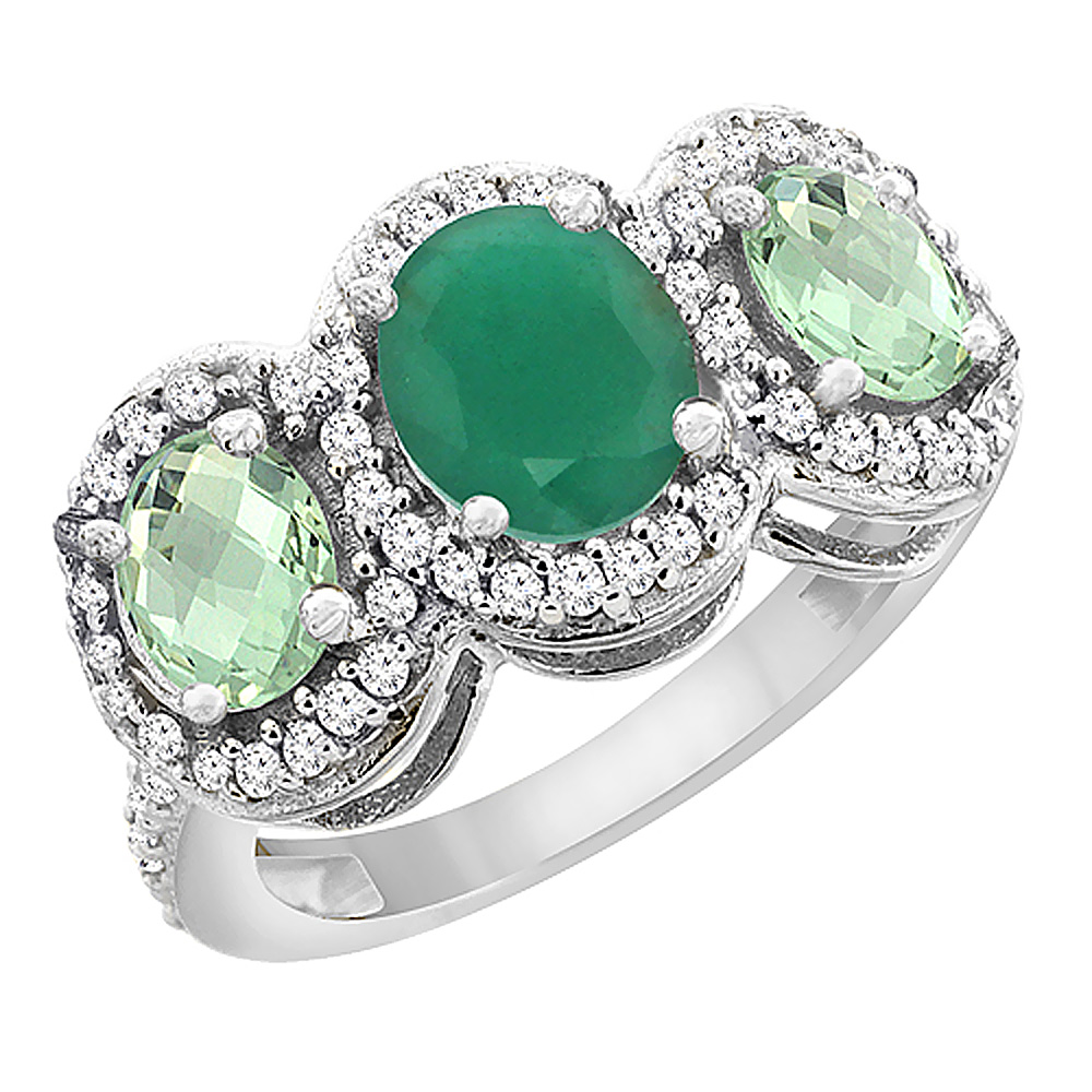 10K White Gold Natural Quality Emerald & Green Amethyst 3-stone Mothers Ring Oval Diamond Accent,sz5 - 10