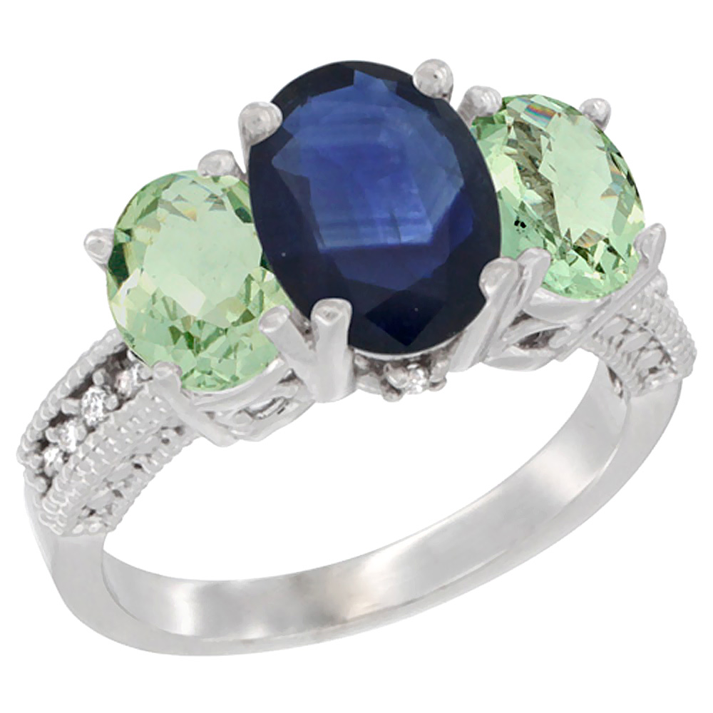 10K White Gold Diamond Natural Quality Blue Sapphire 8x6mm &7x5mm Green Amethyst Oval 3-stone Ring,sz5-10