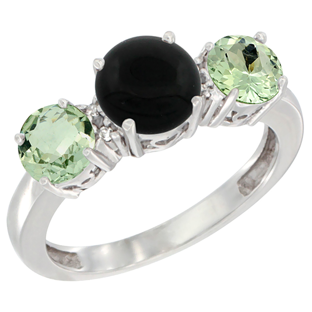 14K White Gold Round 3-Stone Natural Black Onyx Ring & Green Amethyst Sides Diamond Accent, sizes 5 - 10