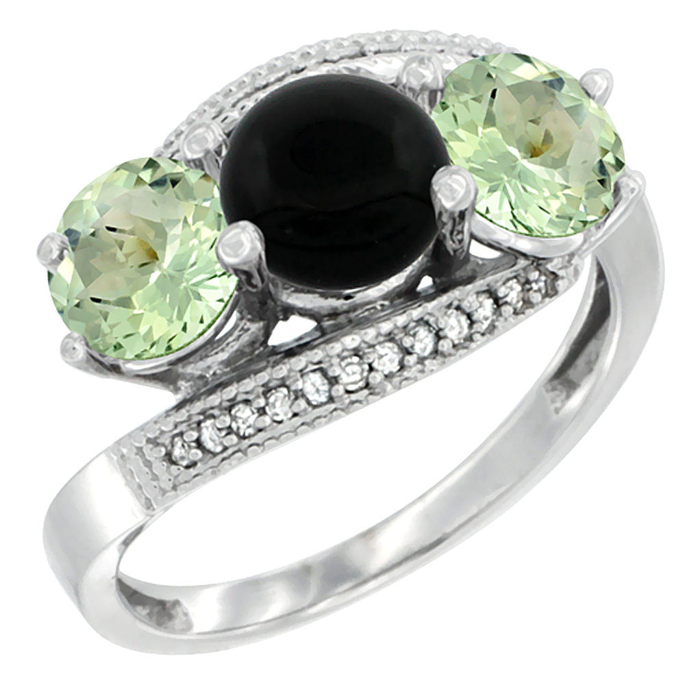 10K White Gold Natural Black Onyx &amp; Green Amethyst Sides 3 stone Ring Round 6mm Diamond Accent, sizes 5 - 10