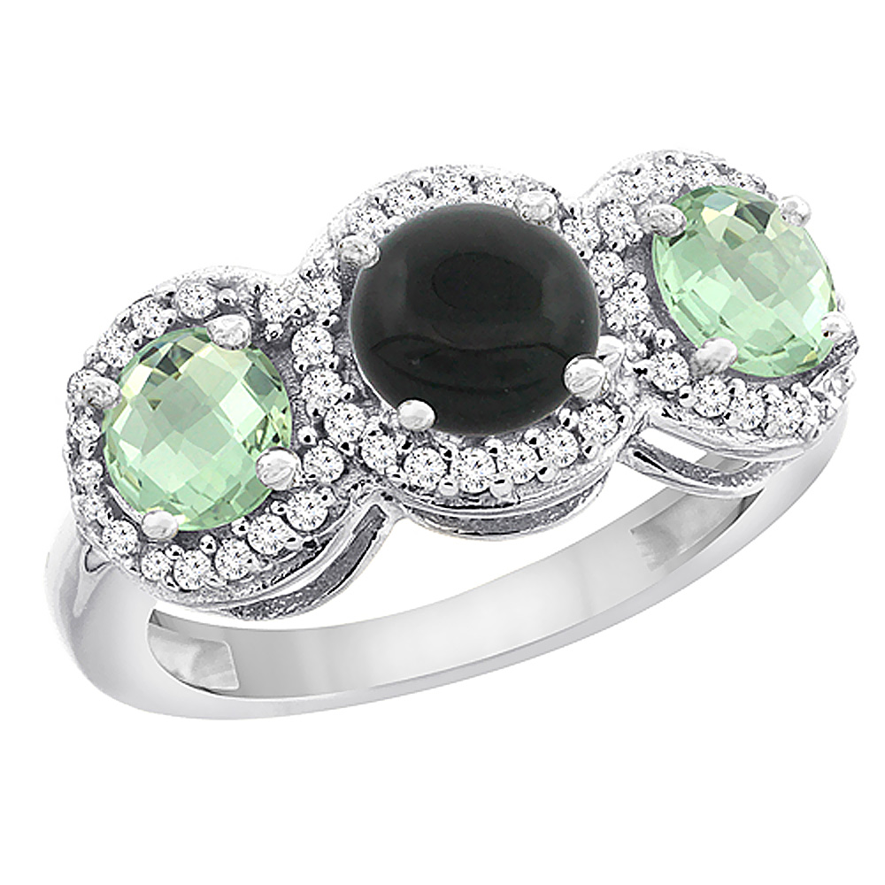 14K White Gold Natural Black Onyx & Green Amethyst Sides Round 3-stone Ring Diamond Accents, sizes 5 - 10