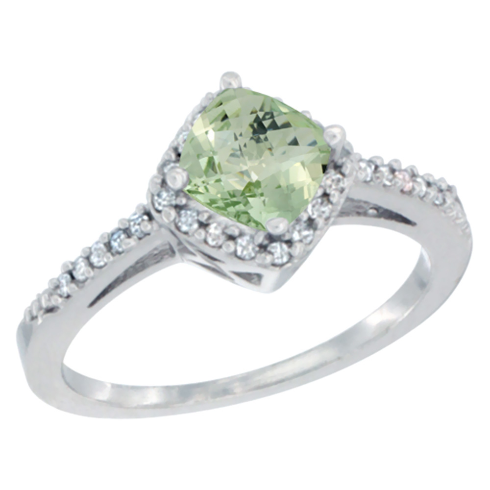 10K White Gold Diamond Halo Genuine Green Amethyst Ring Cushion-cut 6mm Accent sizes 5 - 10