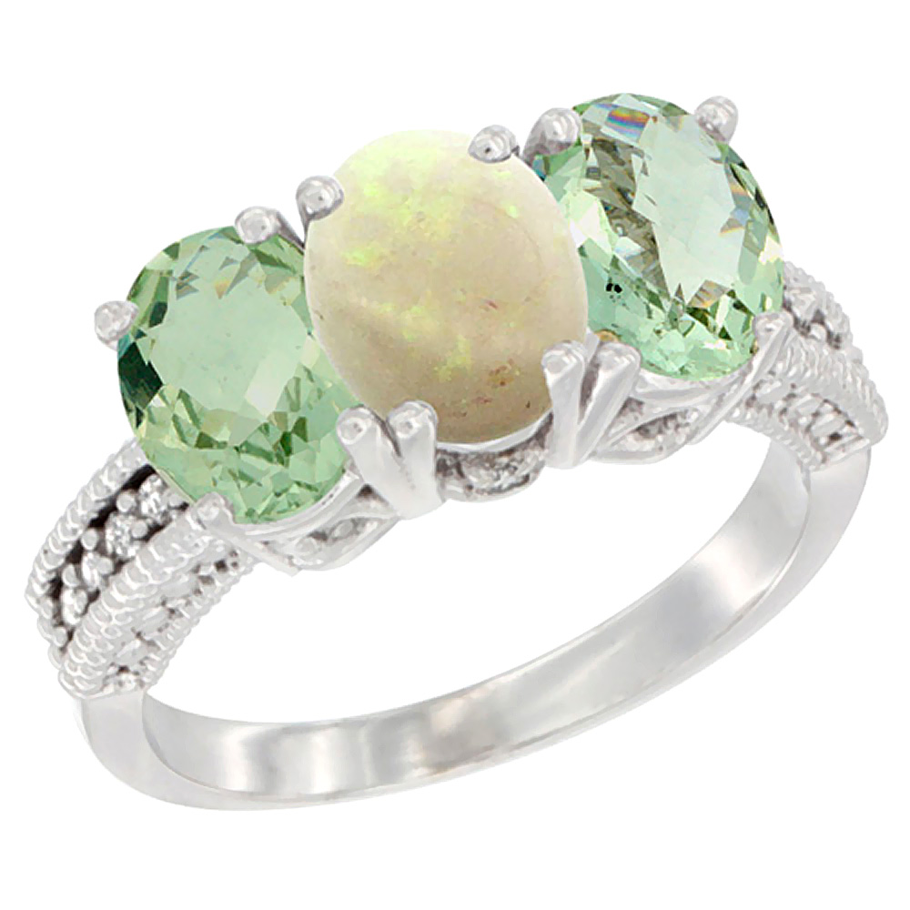 14K White Gold Natural Opal &amp; Green Amethyst Sides Ring 3-Stone 7x5 mm Oval Diamond Accent, sizes 5 - 10