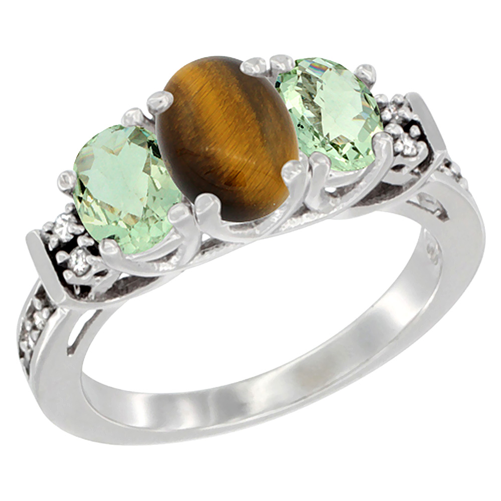 10K White Gold Natural Tiger Eye &amp; Green Amethyst Ring 3-Stone Oval Diamond Accent, sizes 5-10
