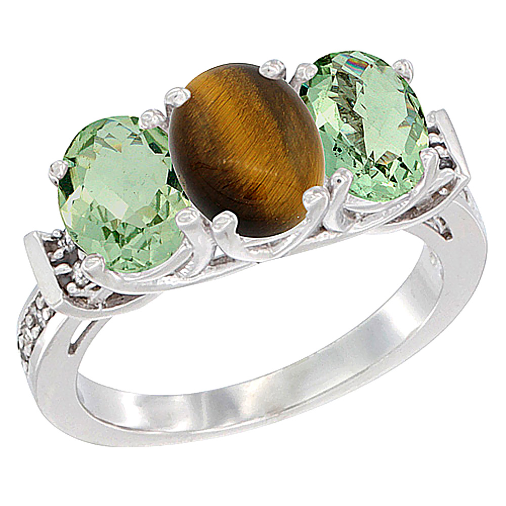 14K White Gold Natural Tiger Eye &amp; Green Amethyst Sides Ring 3-Stone Oval Diamond Accent, sizes 5 - 10