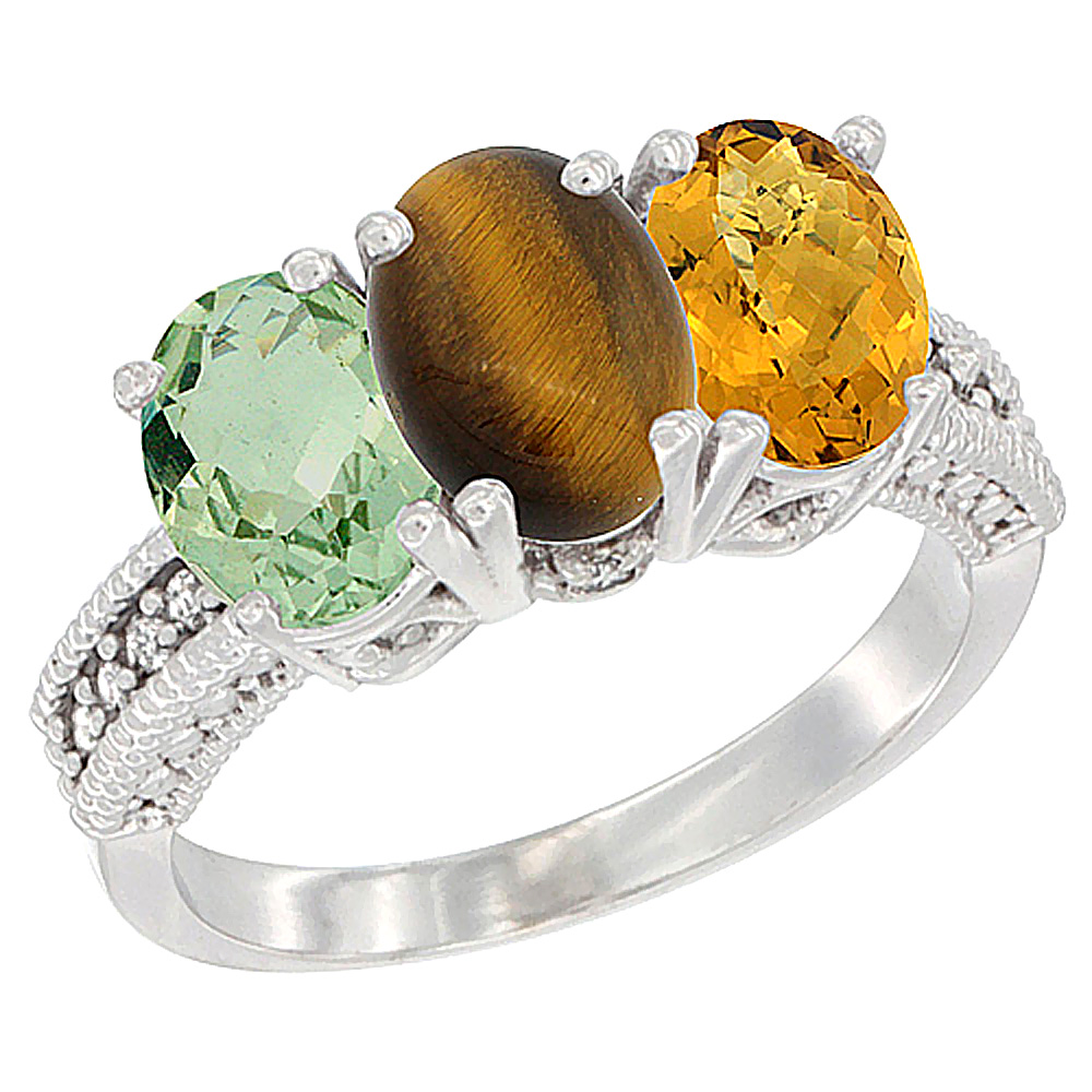 10K White Gold Natural Green Amethyst, Tiger Eye &amp; Whisky Quartz Ring 3-Stone Oval 7x5 mm Diamond Accent, sizes 5 - 10