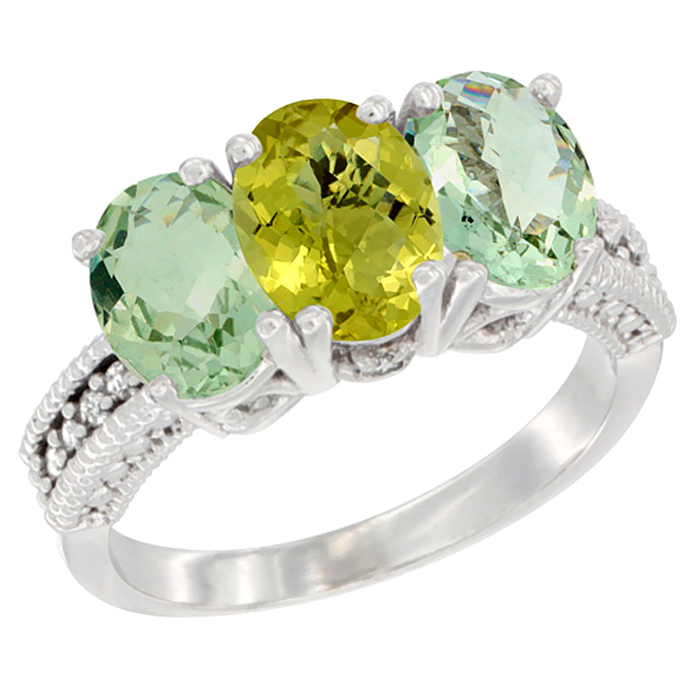 14K White Gold Natural Lemon Quartz &amp; Green Amethyst Sides Ring 3-Stone 7x5 mm Oval Diamond Accent, sizes 5 - 10