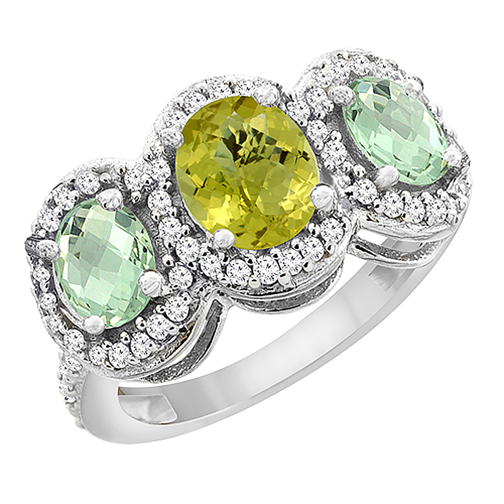 10K White Gold Natural Lemon Quartz &amp; Green Amethyst 3-Stone Ring Oval Diamond Accent, sizes 5 - 10
