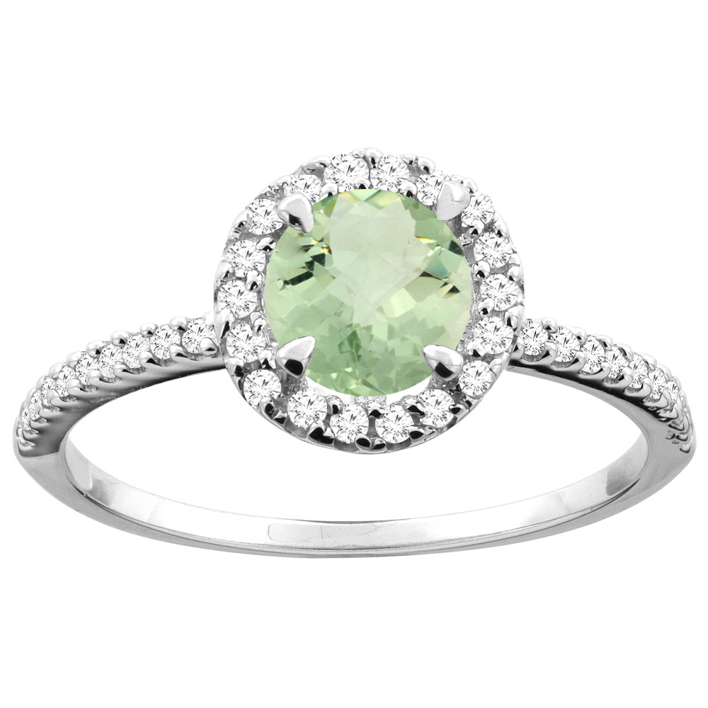 14K Gold Natural Green Amethyst Ring Round 6mm Diamond Accents, sizes 5 - 10