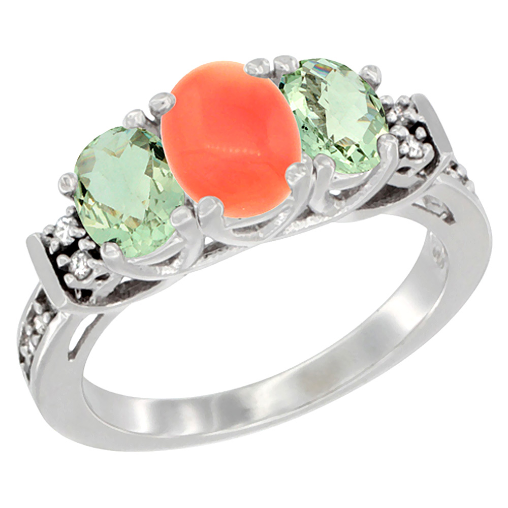 14K White Gold Natural Coral &amp; Green Amethyst Ring 3-Stone Oval Diamond Accent, sizes 5-10