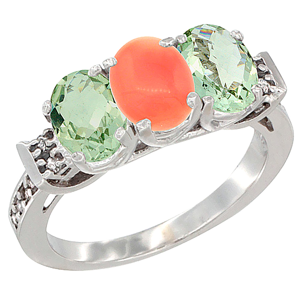 14K White Gold Natural Coral &amp; Green Amethyst Sides Ring 3-Stone 7x5 mm Oval Diamond Accent, sizes 5 - 10