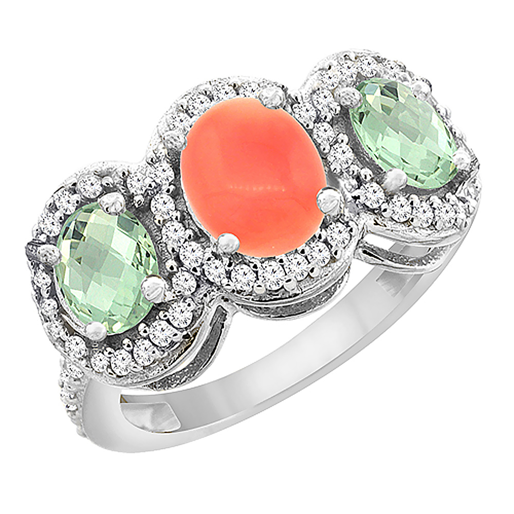 14K White Gold Natural Coral &amp; Green Amethyst 3-Stone Ring Oval Diamond Accent, sizes 5 - 10