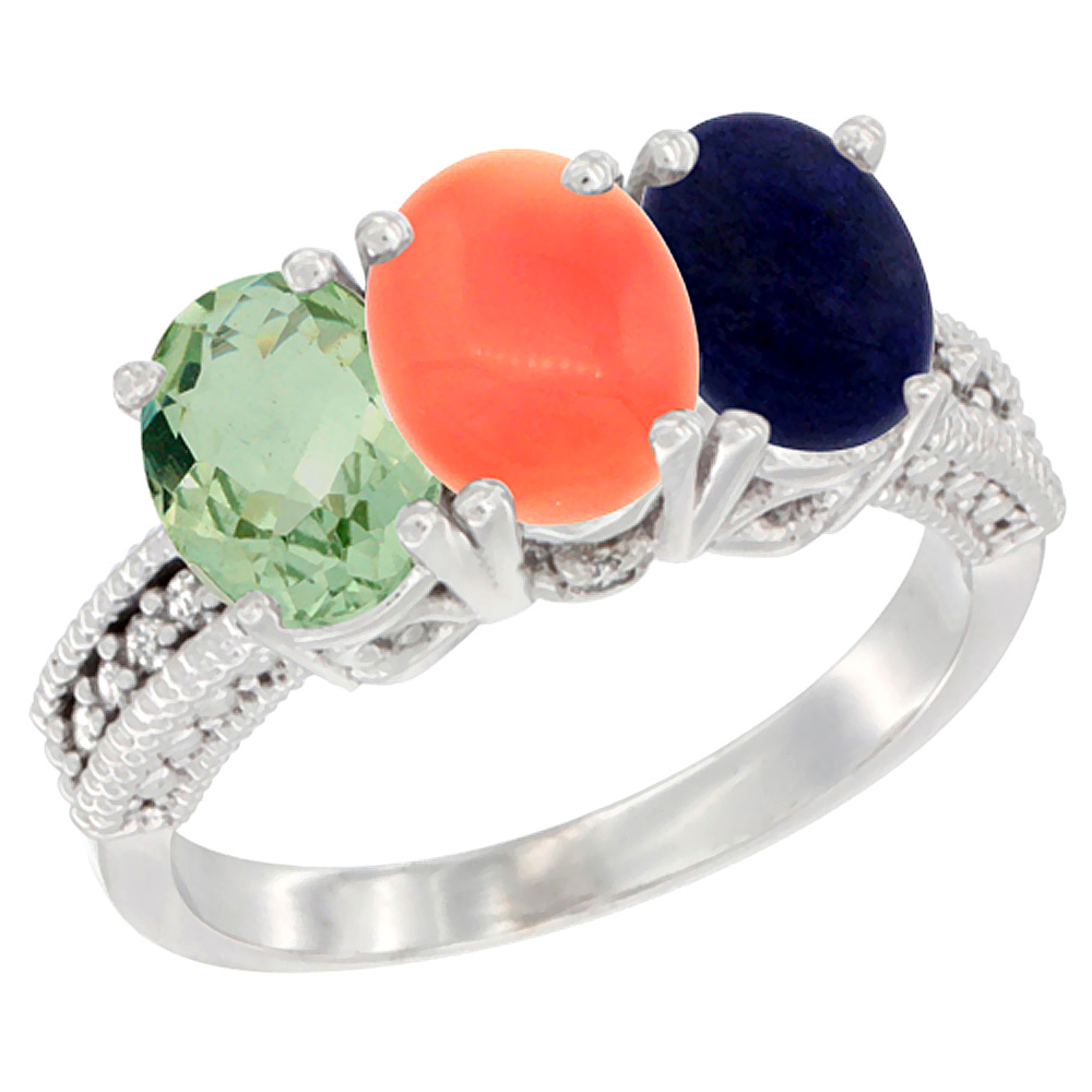 14K White Gold Natural Green Amethyst, Coral &amp; Lapis Ring 3-Stone 7x5 mm Oval Diamond Accent, sizes 5 - 10