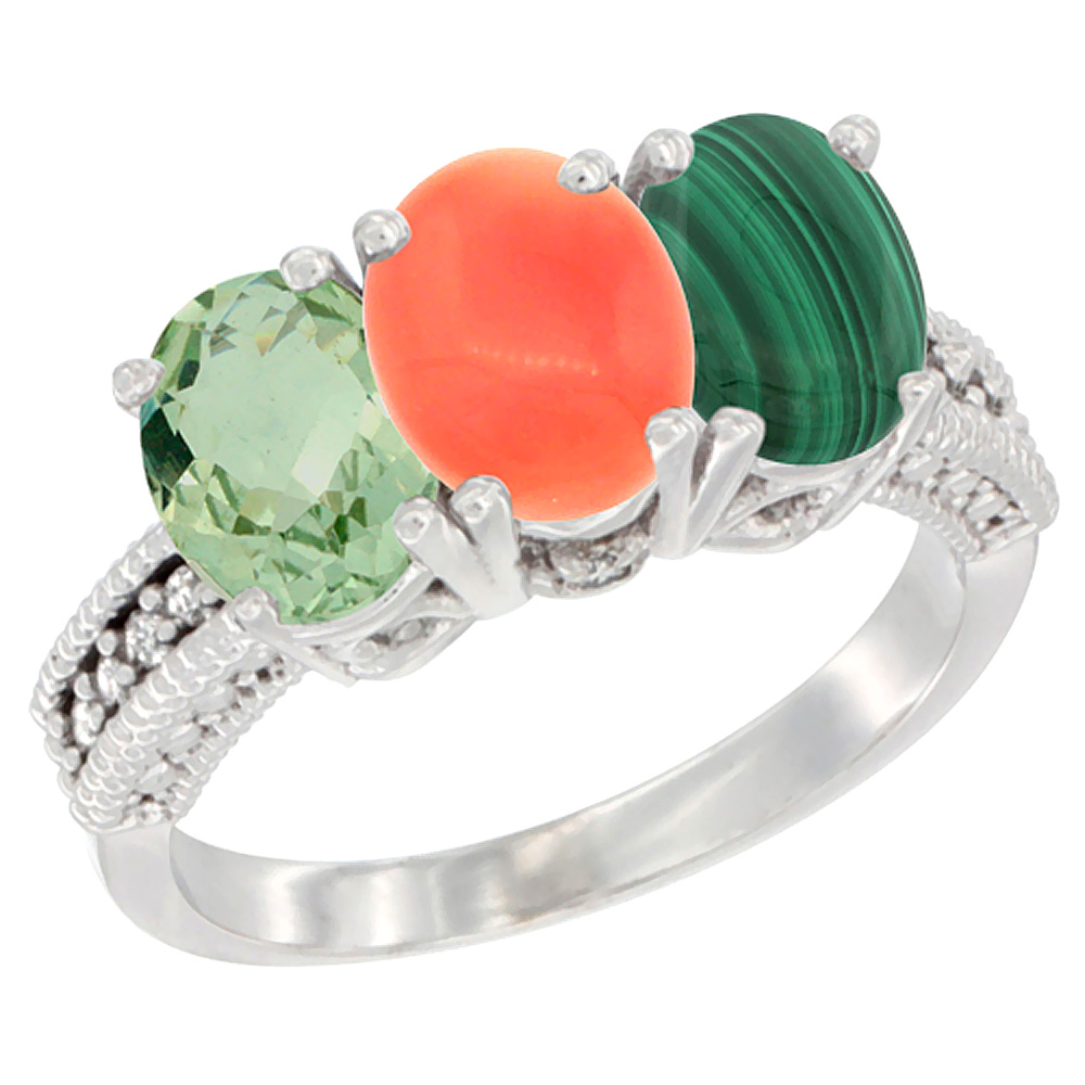 10K White Gold Natural Green Amethyst, Coral &amp; Malachite Ring 3-Stone Oval 7x5 mm Diamond Accent, sizes 5 - 10