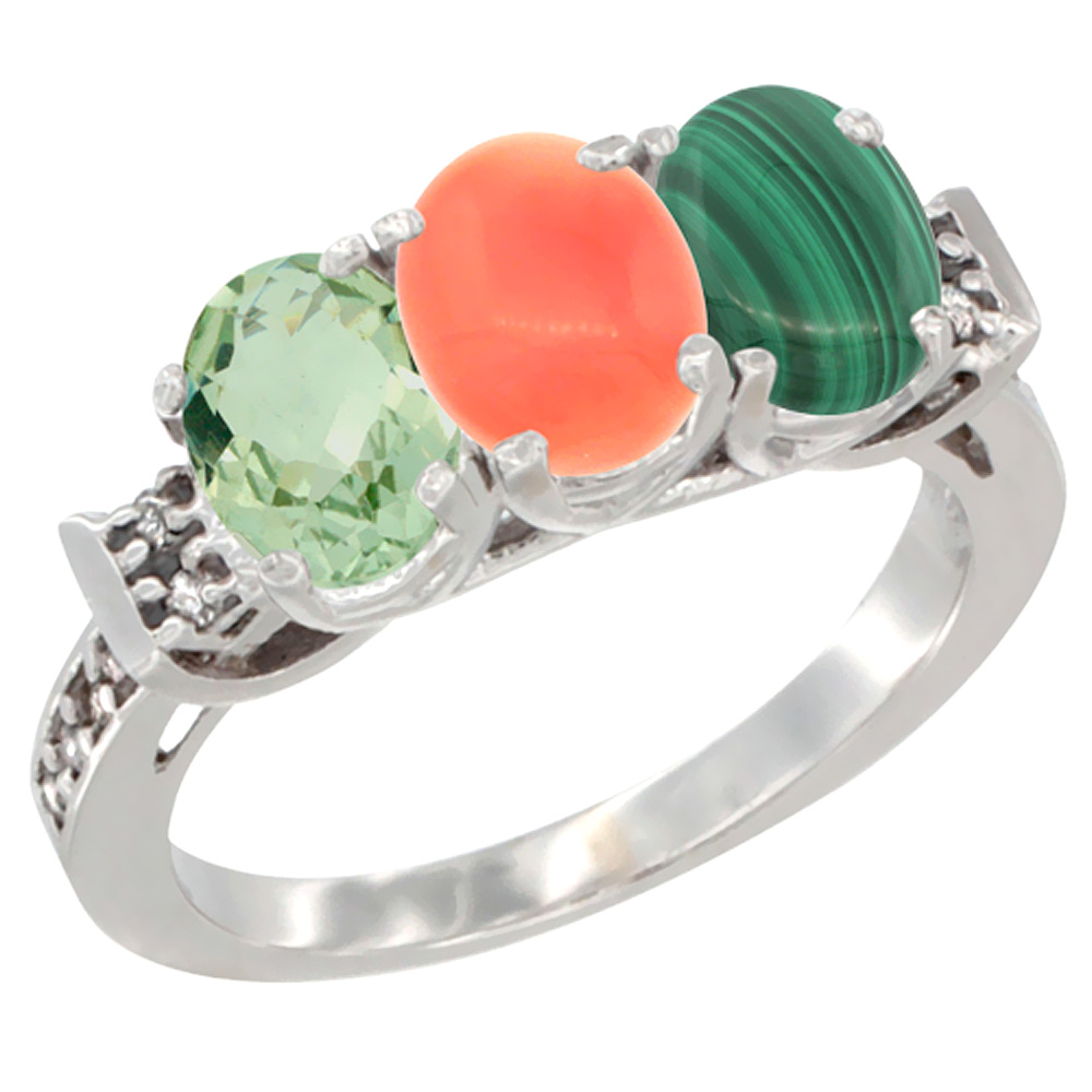 10K White Gold Natural Green Amethyst, Coral &amp; Malachite Ring 3-Stone Oval 7x5 mm Diamond Accent, sizes 5 - 10