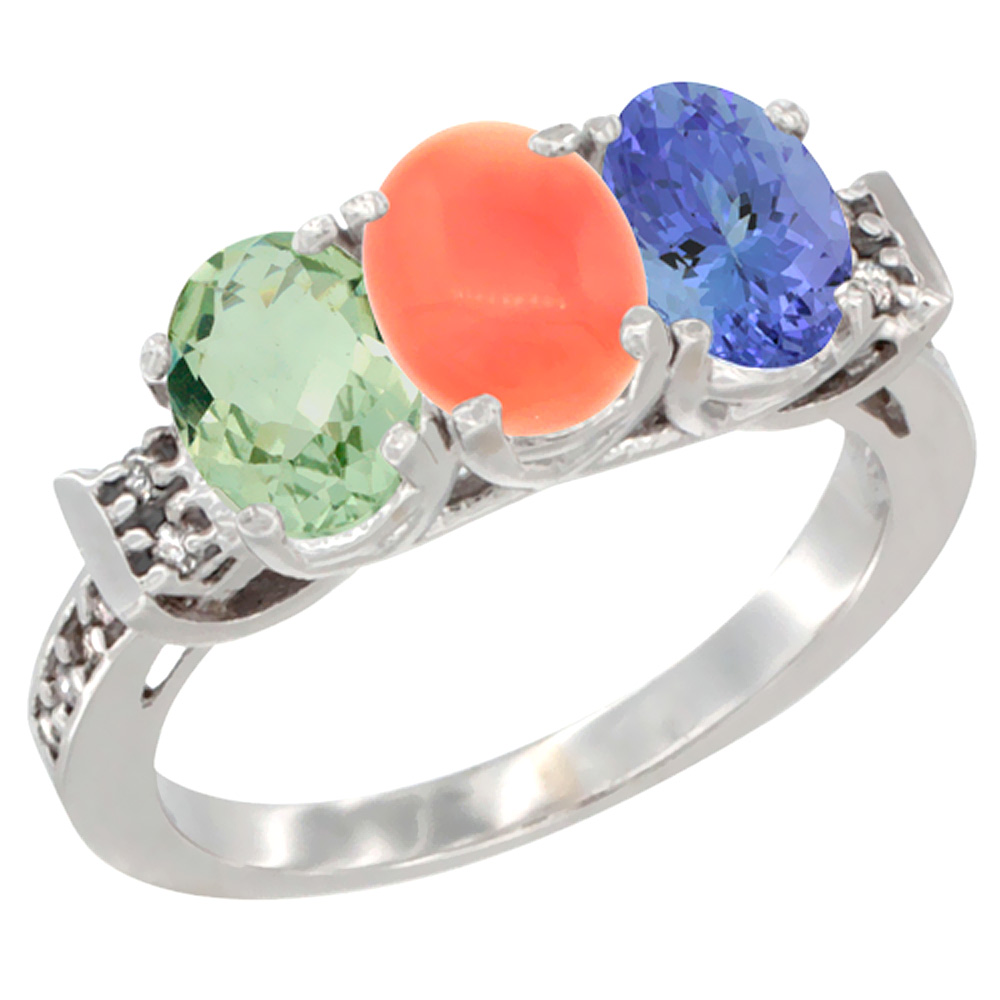 10K White Gold Natural Green Amethyst, Coral &amp; Tanzanite Ring 3-Stone Oval 7x5 mm Diamond Accent, sizes 5 - 10