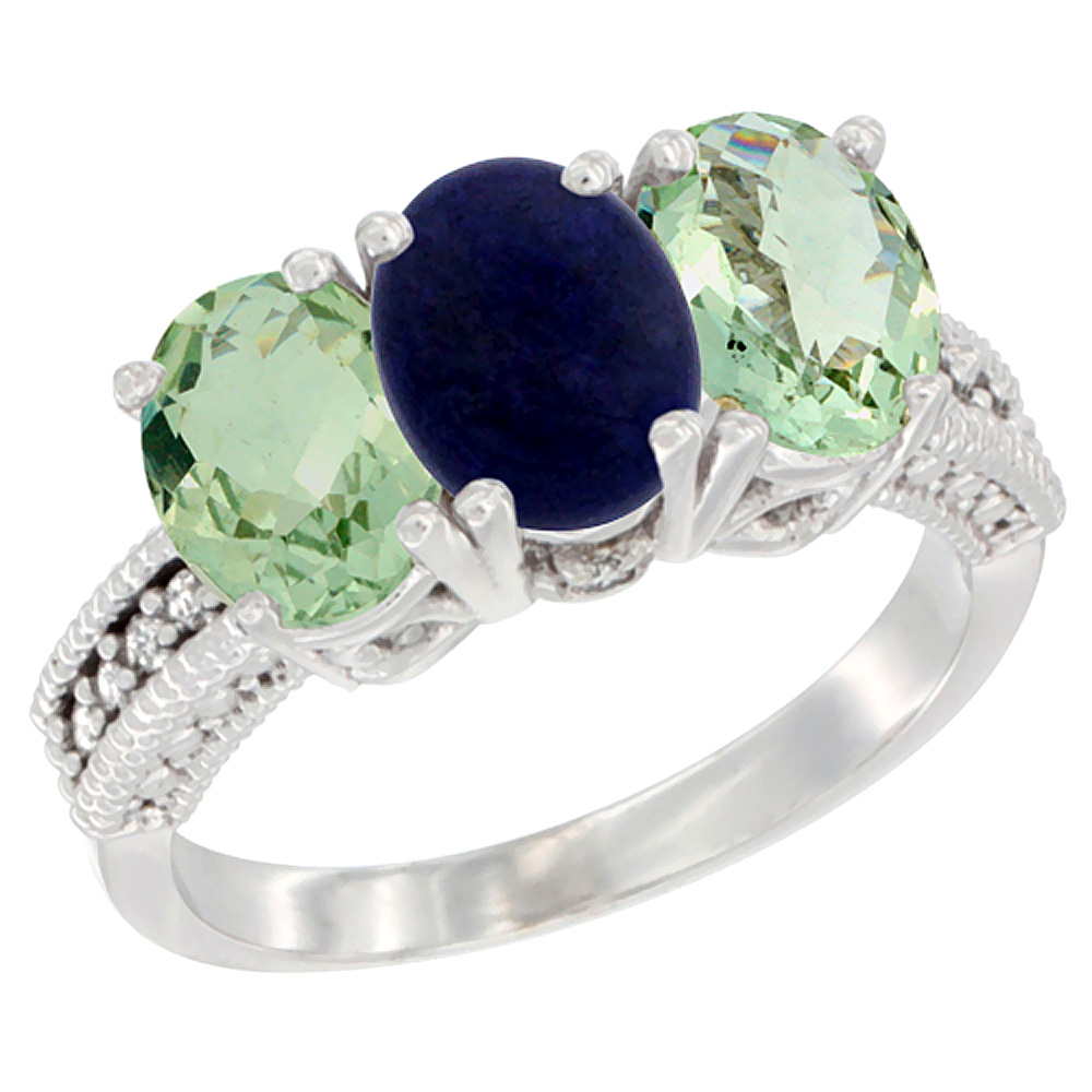 14K White Gold Natural Lapis &amp; Green Amethyst Sides Ring 3-Stone 7x5 mm Oval Diamond Accent, sizes 5 - 10