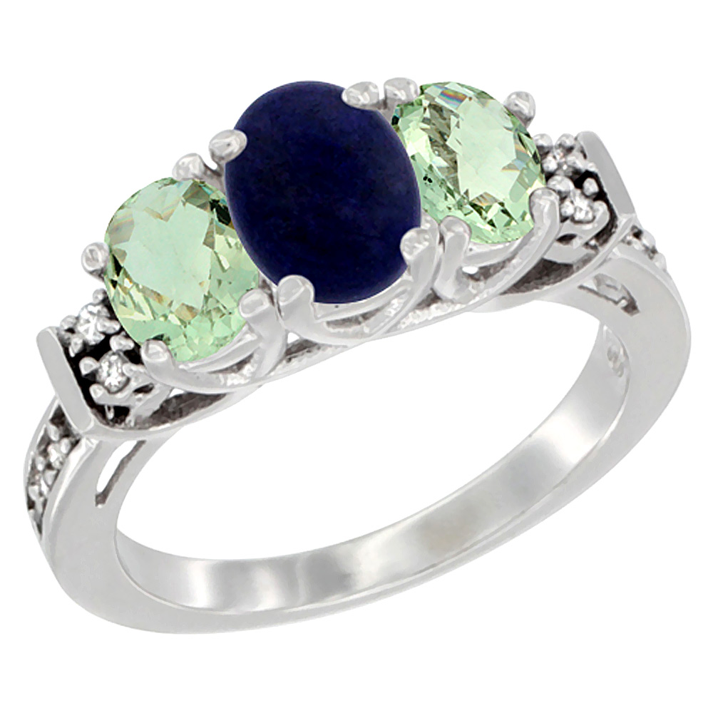 14K White Gold Natural Lapis &amp; Green Amethyst Ring 3-Stone Oval Diamond Accent, sizes 5-10
