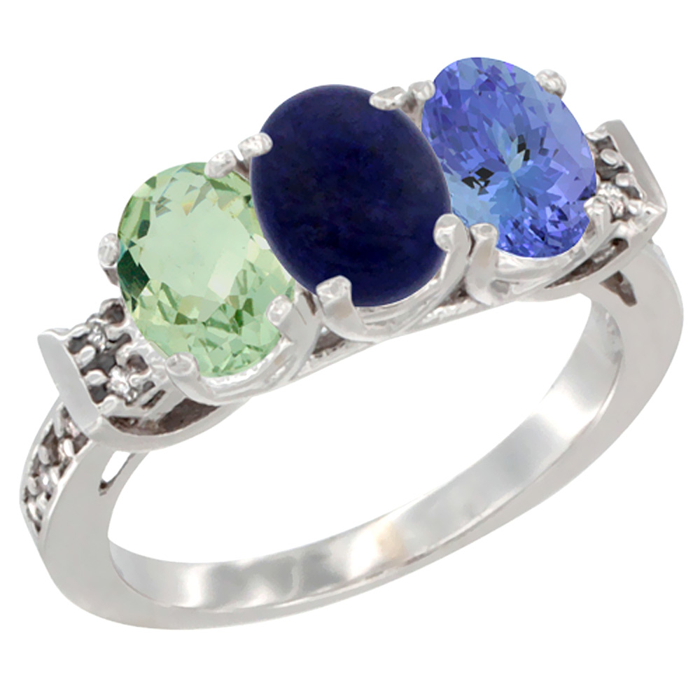 10K White Gold Natural Green Amethyst, Lapis &amp; Tanzanite Ring 3-Stone Oval 7x5 mm Diamond Accent, sizes 5 - 10