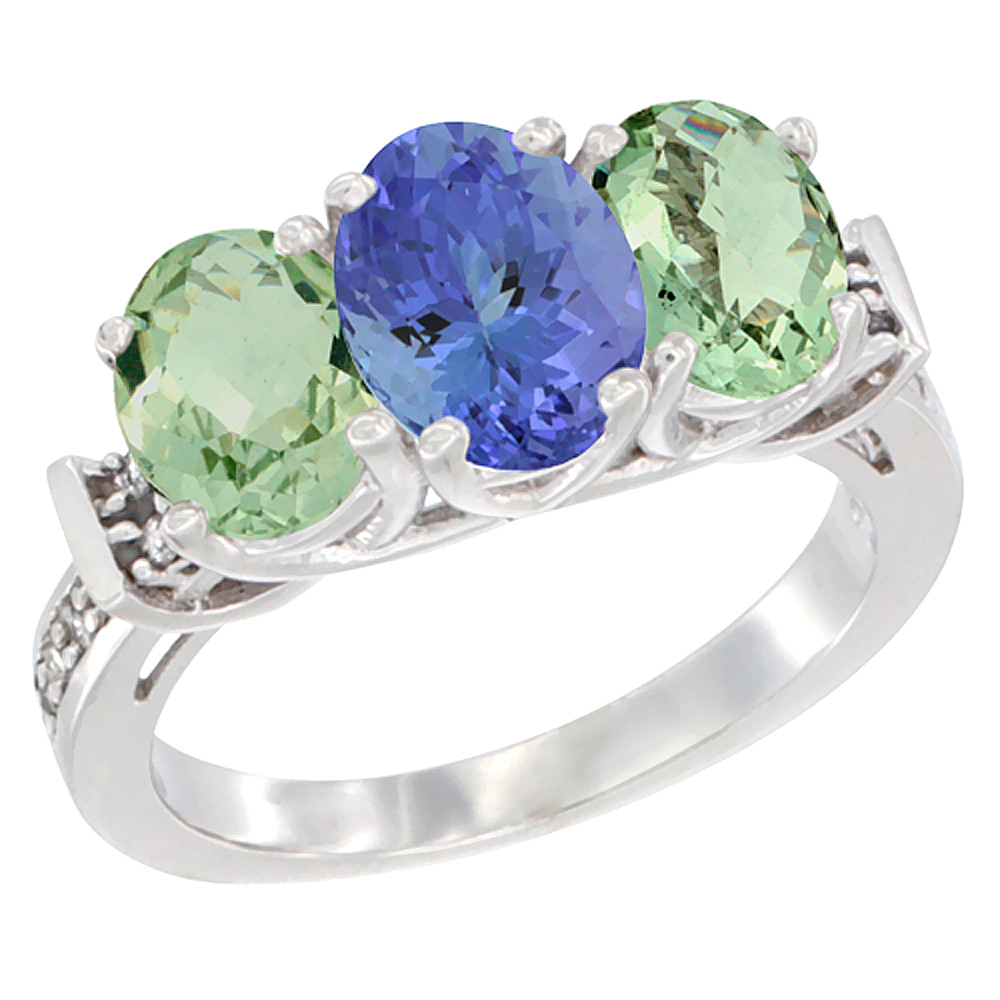 14K White Gold Natural Tanzanite &amp; Green Amethyst Sides Ring 3-Stone Oval Diamond Accent, sizes 5 - 10