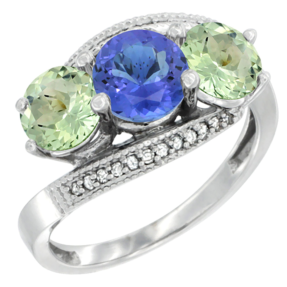14K White Gold Natural Tanzanite &amp; Green Amethyst Sides 3 stone Ring Round 6mm Diamond Accent, sizes 5 - 10
