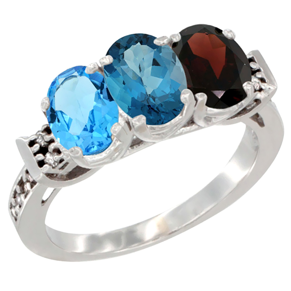 10K White Gold Natural Swiss Blue Topaz, London Blue Topaz & Garnet Ring 3-Stone Oval 7x5 mm Diamond Accent, sizes 5 - 10