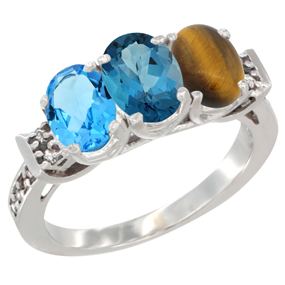 10K White Gold Natural Swiss Blue Topaz, London Blue Topaz & Tiger Eye Ring 3-Stone Oval 7x5 mm Diamond Accent, sizes 5 - 10