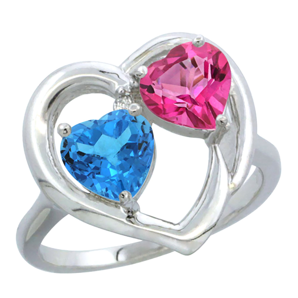 14K White Gold Diamond Two-stone Heart Ring 6mm Natural Swiss Blue &amp; Pink Topaz, sizes 5-10
