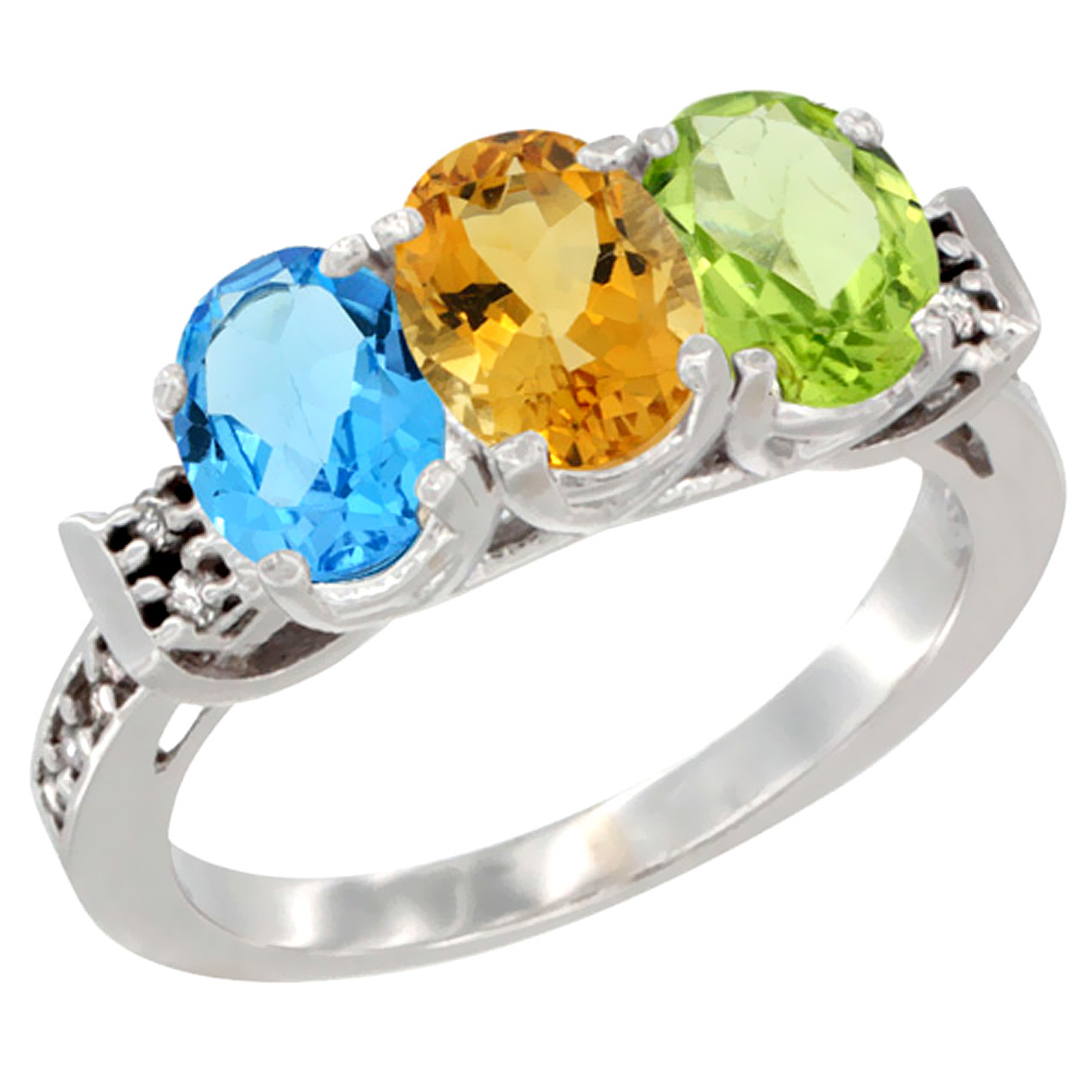 10K White Gold Natural Swiss Blue Topaz, Citrine &amp; Peridot Ring 3-Stone Oval 7x5 mm Diamond Accent, sizes 5 - 10