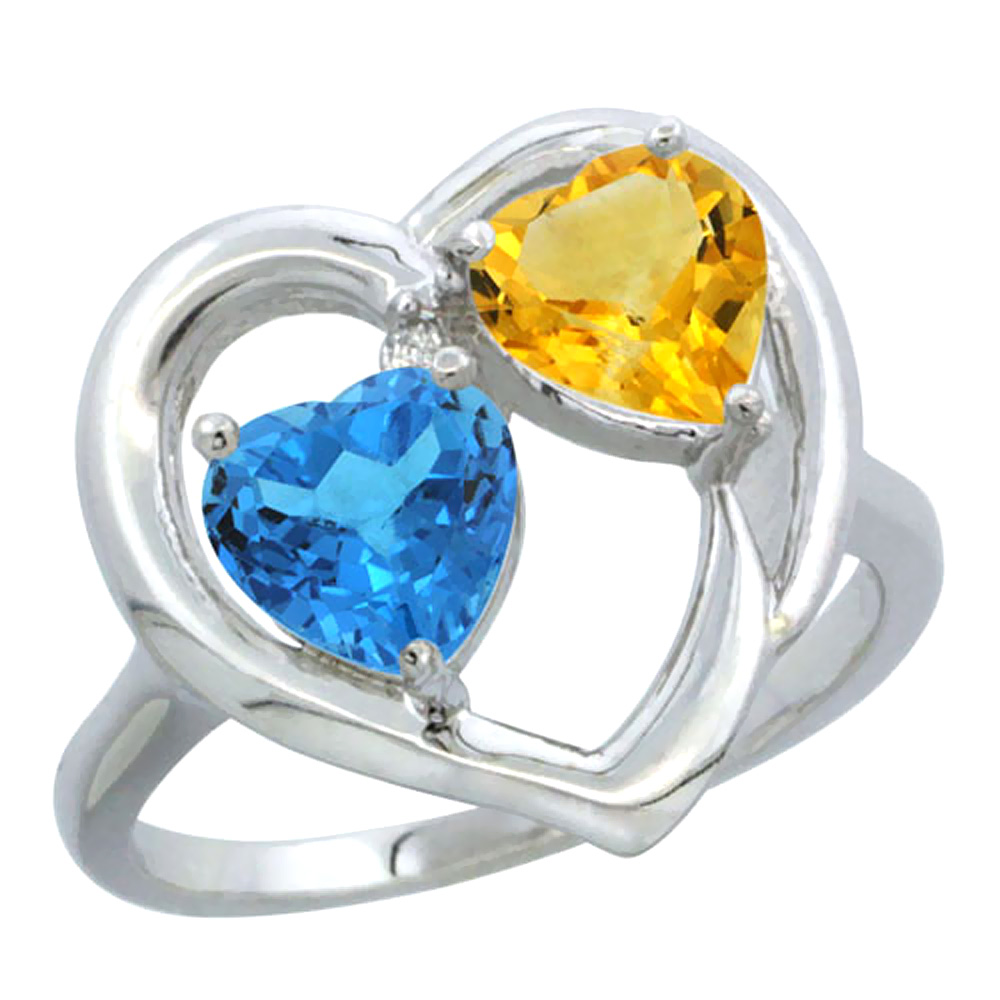 14K White Gold Diamond Two-stone Heart Ring 6mm Natural Swiss Blue Topaz &amp; Citrine, sizes 5-10
