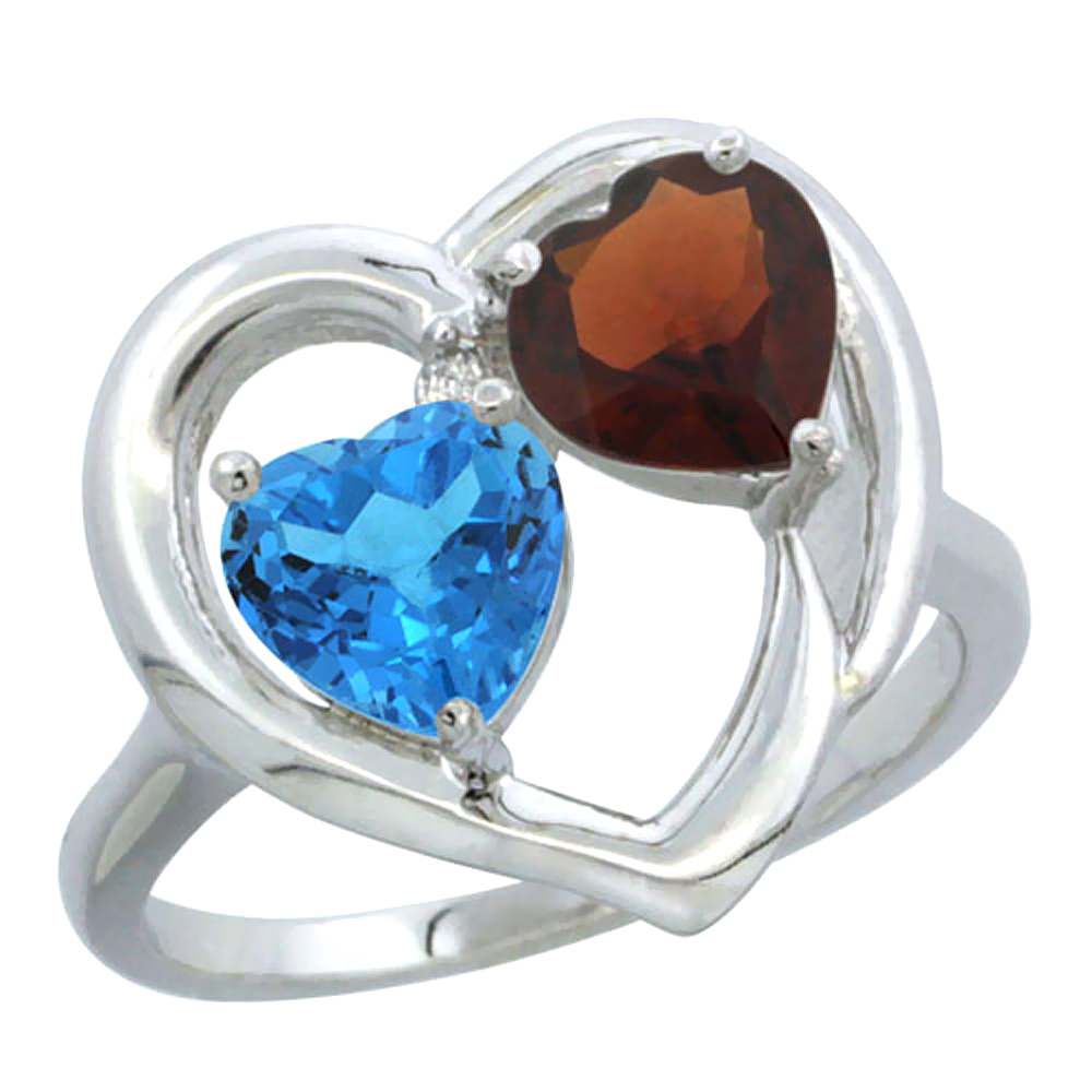 14K White Gold Diamond Two-stone Heart Ring 6mm Natural Swiss Blue Topaz &amp; Garnet, sizes 5-10
