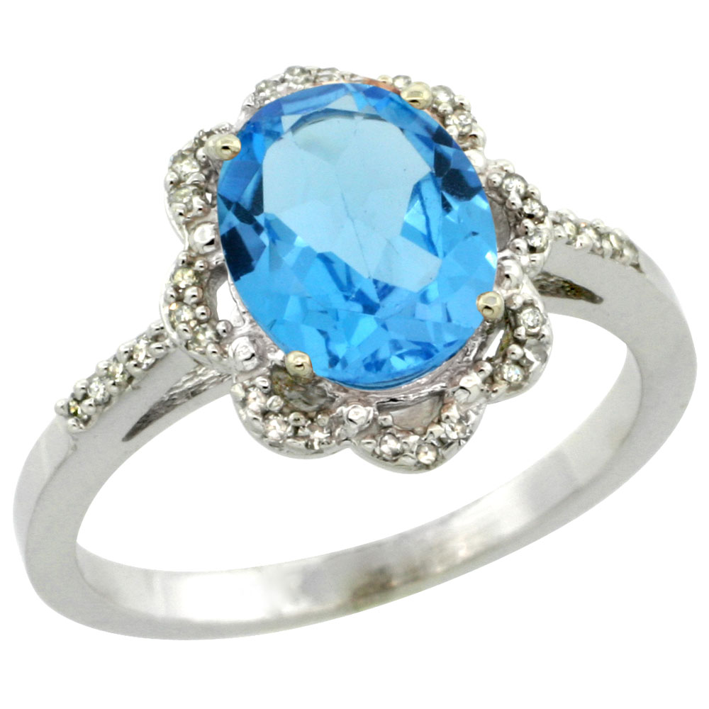 10K White Gold Diamond Halo Genuine Blue Topaz Engagement Ring Oval 9x7mm sizes 5-10