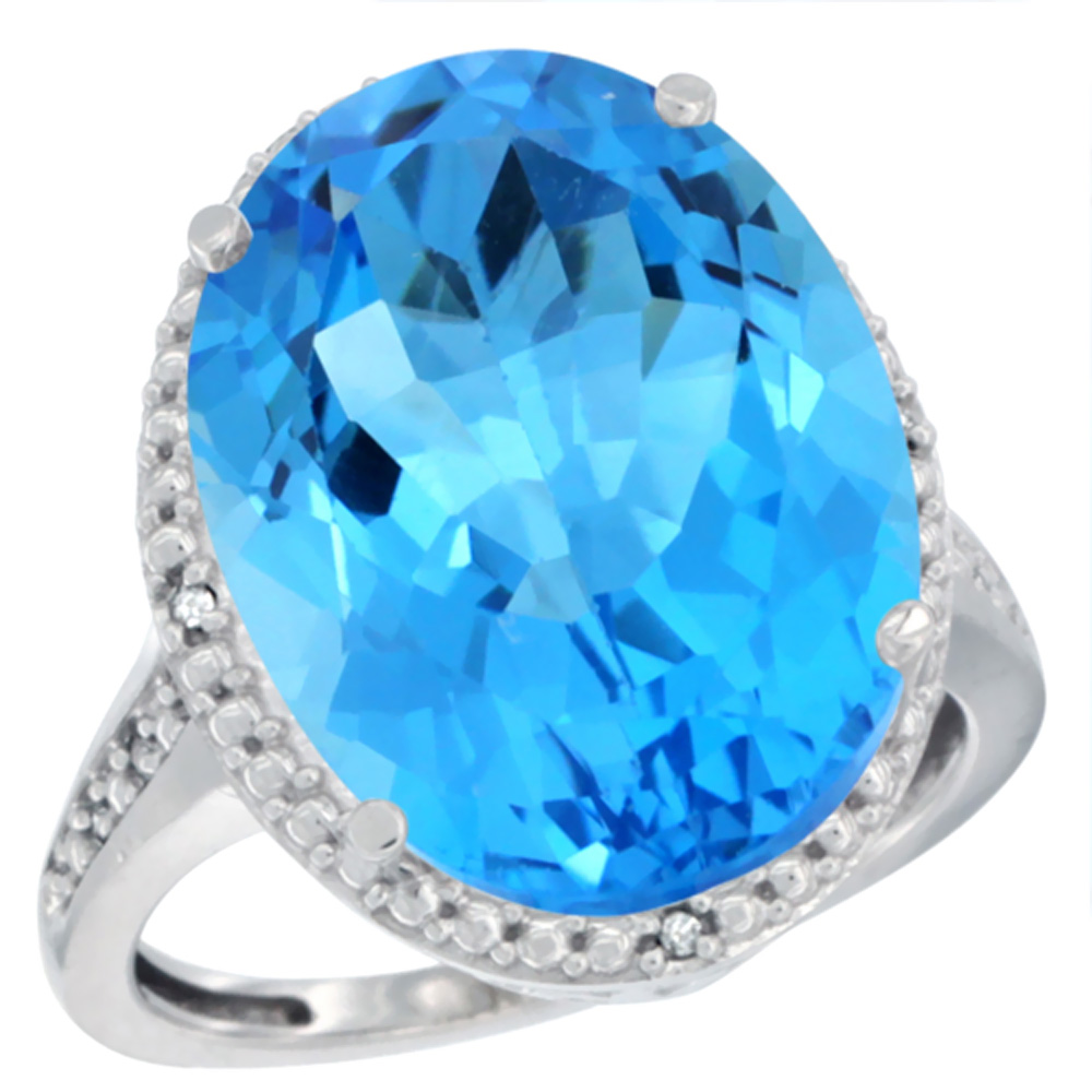 10K White Gold Diamond Genuine Blue Topaz Ring Halo Oval 18x13mm sizes 5-10
