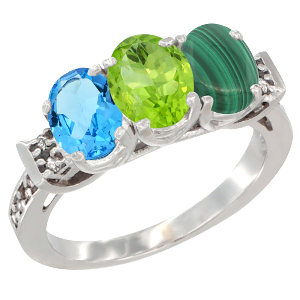 10K White Gold Natural Swiss Blue Topaz, Peridot & Malachite Ring 3-Stone Oval 7x5 mm Diamond Accent, sizes 5 - 10