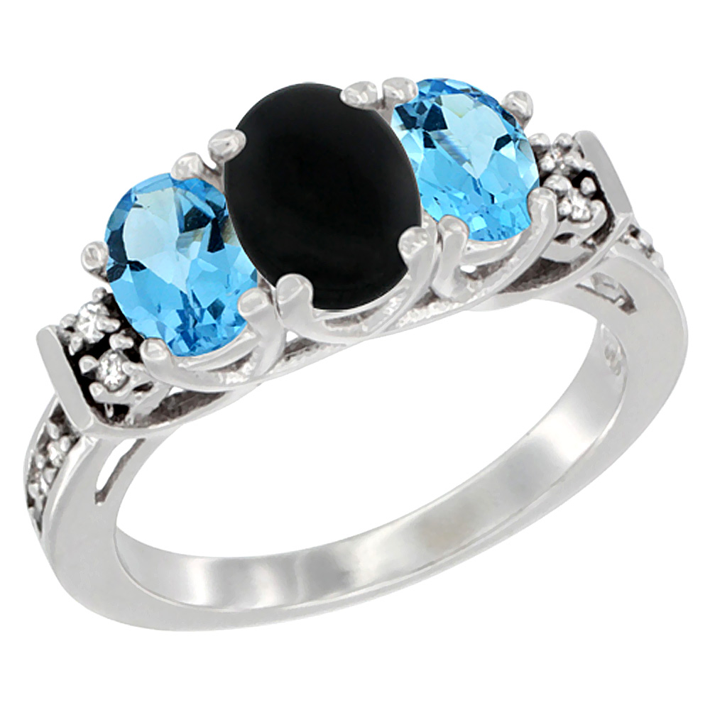 10K White Gold Natural Black Onyx &amp; Swiss Blue Topaz Ring 3-Stone Oval Diamond Accent, sizes 5-10