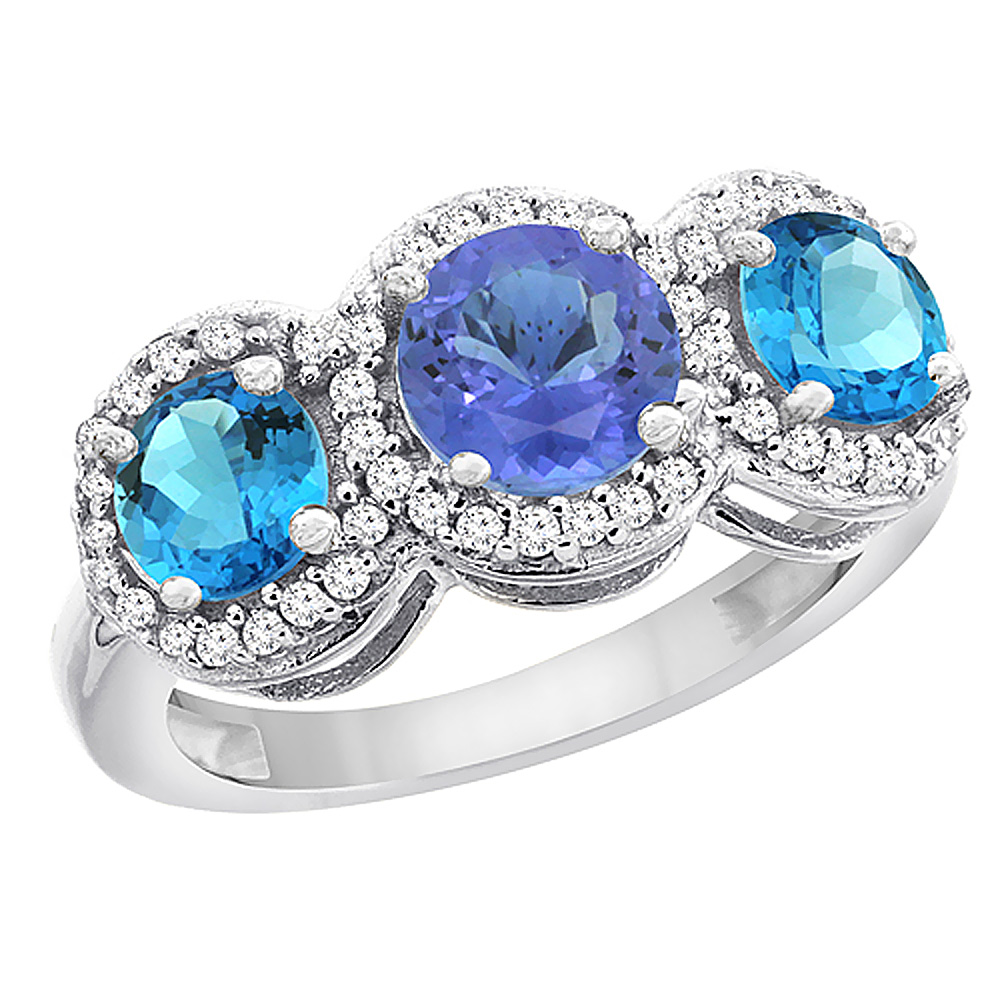 10K White Gold Natural Tanzanite & Swiss Blue Topaz Sides Round 3-stone Ring Diamond Accents, sizes 5 - 10