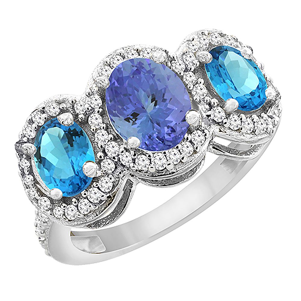 10K White Gold Natural Tanzanite & Swiss Blue Topaz 3-Stone Ring Oval Diamond Accent, sizes 5 - 10