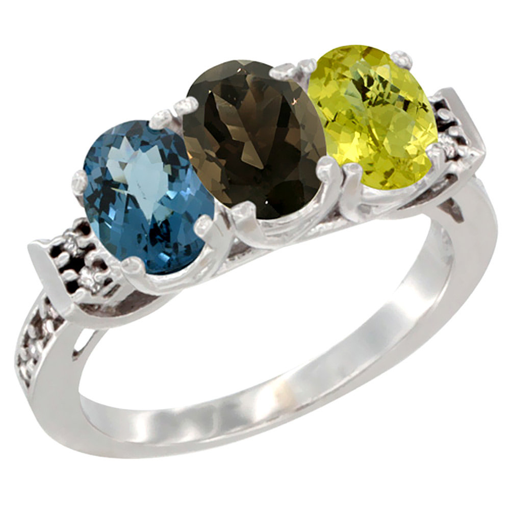 10K White Gold Natural London Blue Topaz, Smoky Topaz & Lemon Quartz Ring 3-Stone Oval 7x5 mm Diamond Accent, sizes 5 - 10